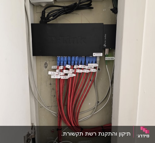 ארון תקשורת ביתי מסודר עם מתג D-Link וכבלי רשת אדומים מסומנים